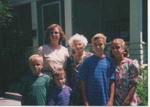 A year or two before Grandma came to the end of her journey. We spent a week with her. Here we are ready for church.