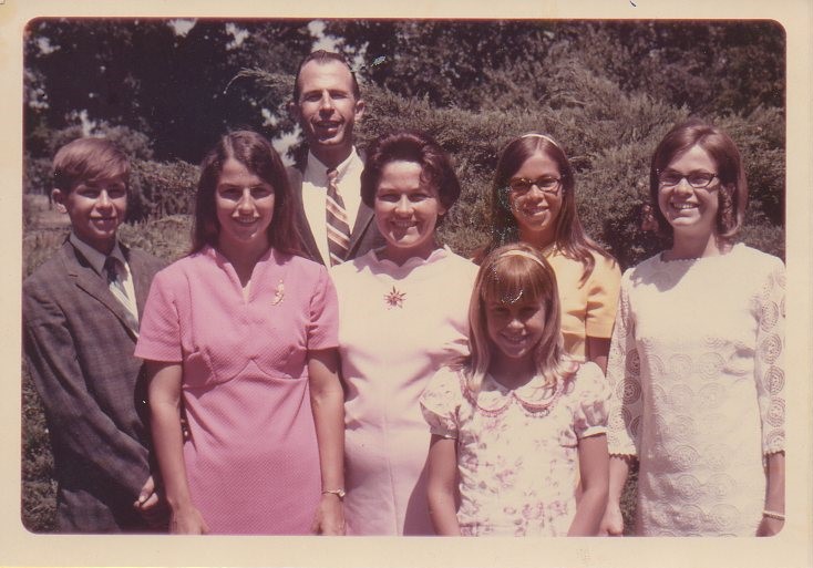 Sunday morning. Paul, Marilyn, Dad, Mom, Norma (me), Juanita, Lois in front. 1969 
