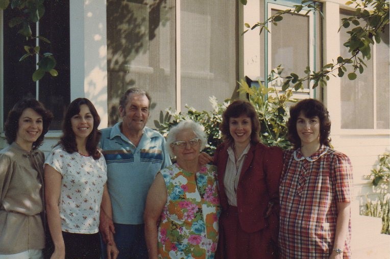 At Grandma Weigold's house with my sisters. Juanita, me, Uncle Vernon, Grandma W., Lois, Marilyn (& John). Juanita and I were new mothers. 1983